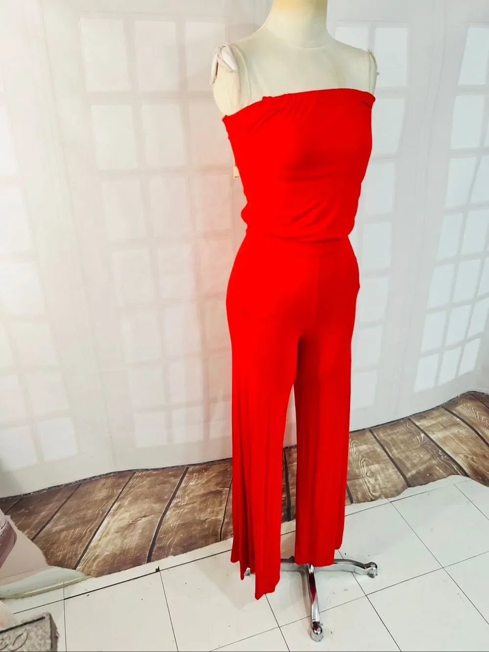 Guess NWT Coral Red Wide Leg Cutout Back Strapless Jersey Jumpsuit Size XS